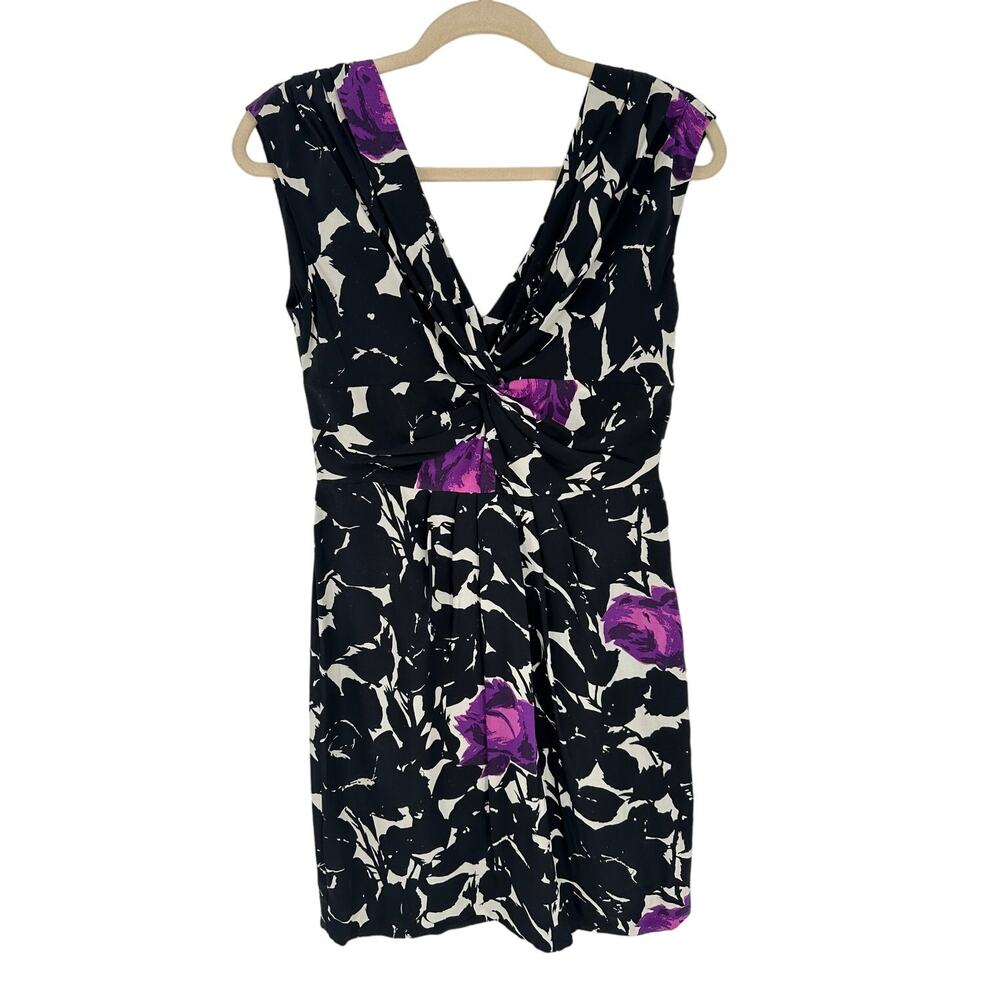 Trina Turk 100% Silk Mini Dress Black White Purple Floral Cocktail Women's 4